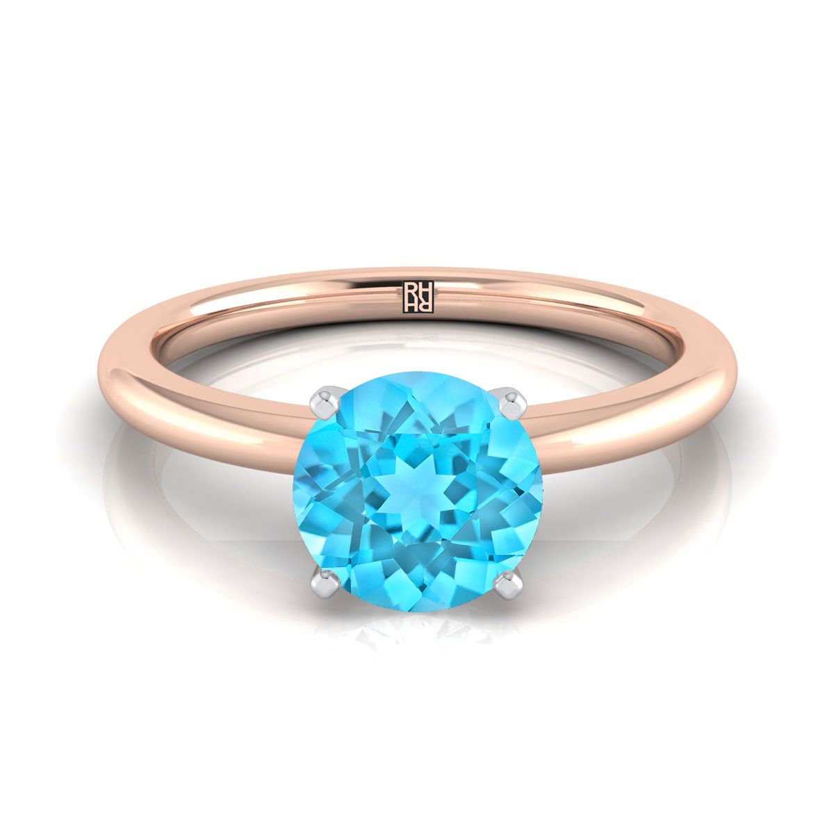 14K Rose Gold Round Brilliant Swiss Blue Topaz Round Comfort Fit Claw Prong Solitaire Engagement Ring