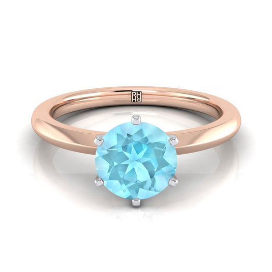 14K Rose Gold Round Brilliant Aquamarine Pinched Comfort Fit Claw Prong Solitaire Engagement Ring