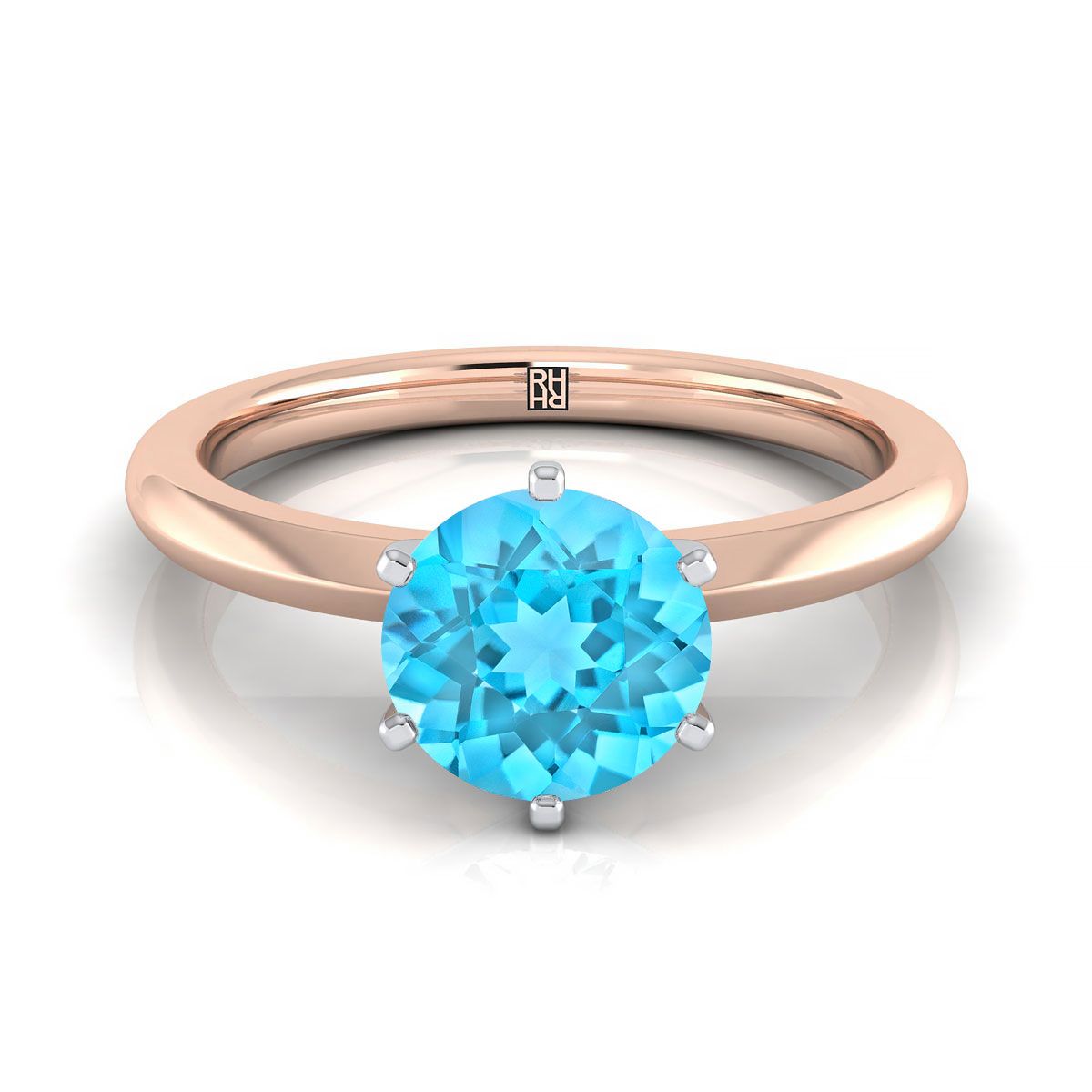 14K Rose Gold Round Brilliant Swiss Blue Topaz Pinched Comfort Fit Claw Prong Solitaire Engagement Ring