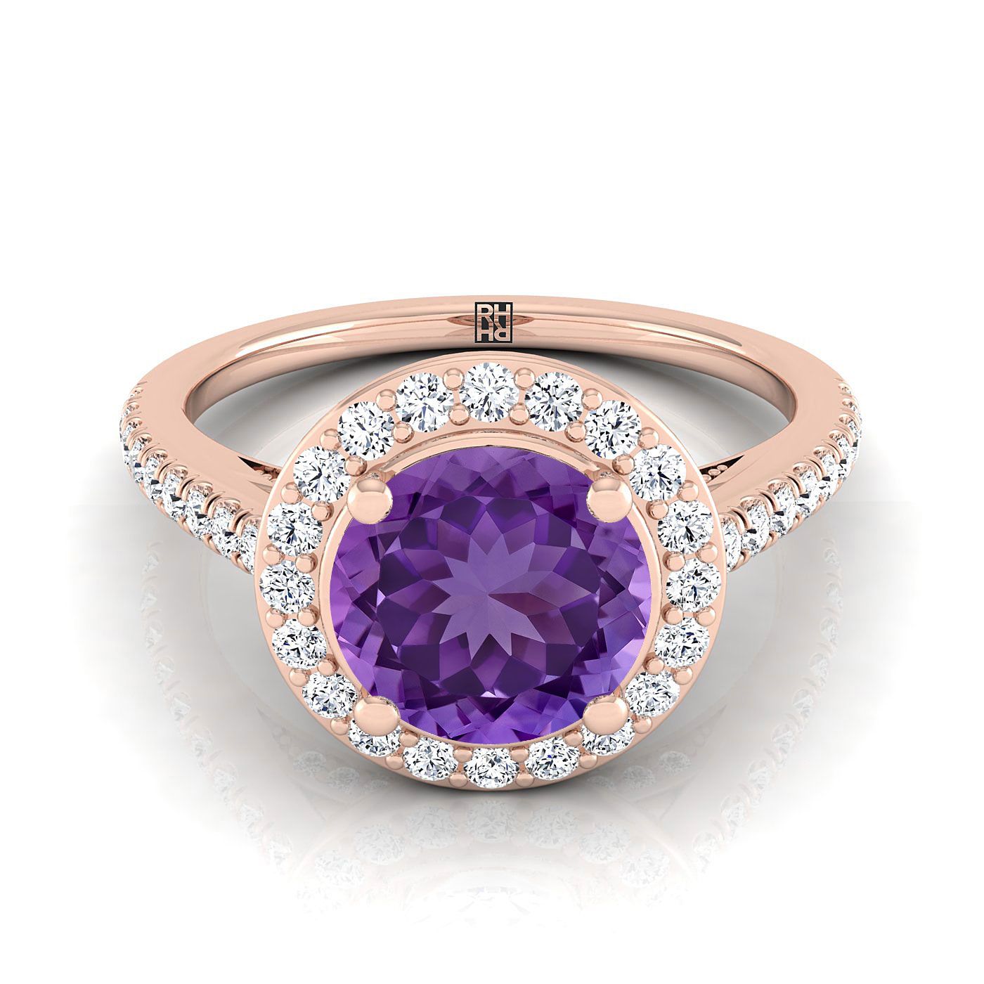 14K Rose Gold Round Brilliant Amethyst French Pave Halo Secret Gallery Diamond Engagement Ring -3/8ctw
