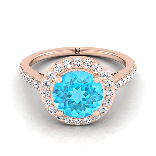 14K Rose Gold Round Brilliant Swiss Blue Topaz French Pave Halo Secret Gallery Diamond Engagement Ring -3/8ctw