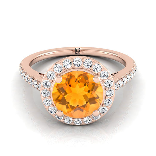 14K Rose Gold Round Brilliant Citrine French Pave Halo Secret Gallery Diamond Engagement Ring -3/8ctw