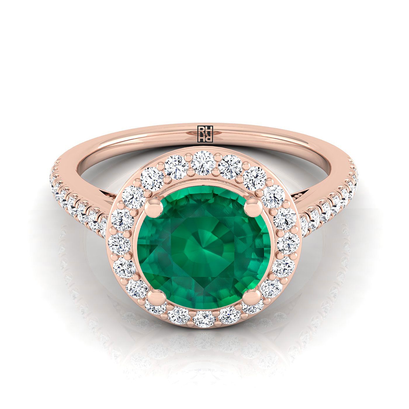14K Rose Gold Round Brilliant Emerald French Pave Halo Secret Gallery Diamond Engagement Ring -3/8ctw