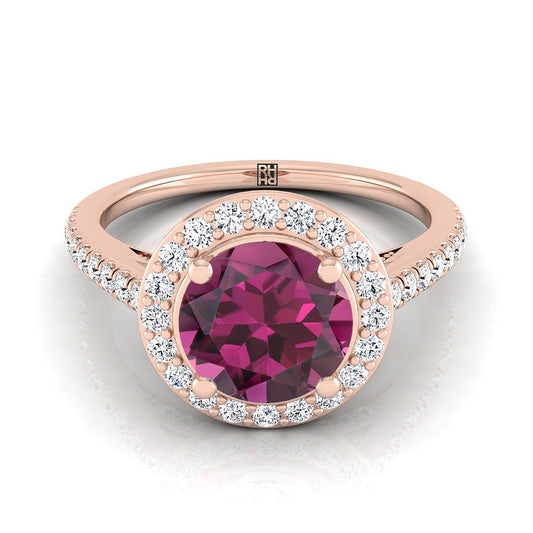 14K Rose Gold Round Brilliant Garnet French Pave Halo Secret Gallery Diamond Engagement Ring -3/8ctw