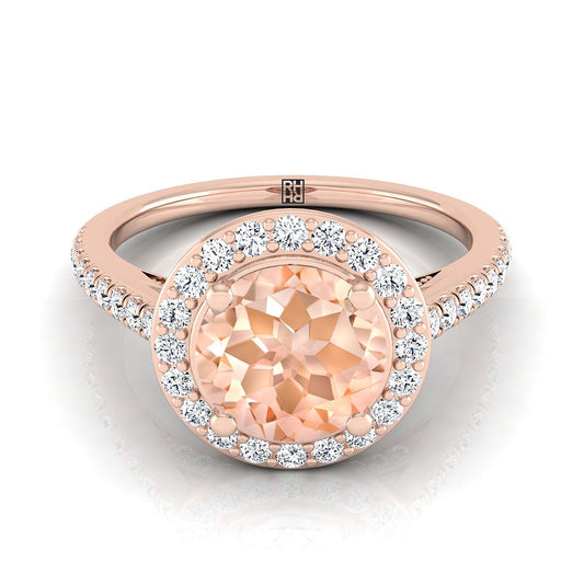 14K Rose Gold Round Brilliant Morganite French Pave Halo Secret Gallery Diamond Engagement Ring -3/8ctw