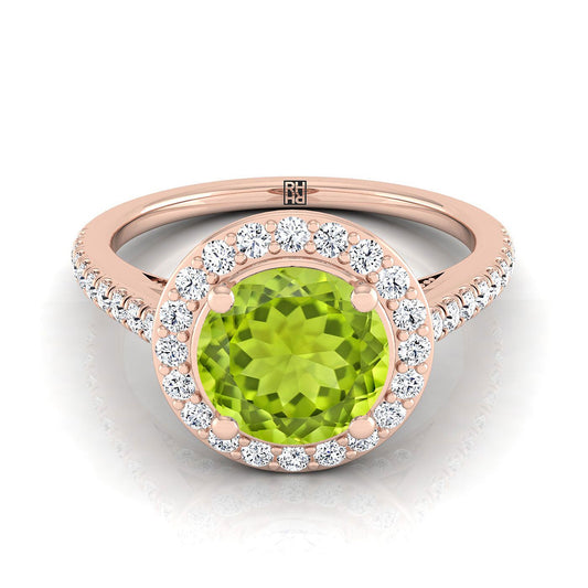 14K Rose Gold Round Brilliant Peridot French Pave Halo Secret Gallery Diamond Engagement Ring -3/8ctw