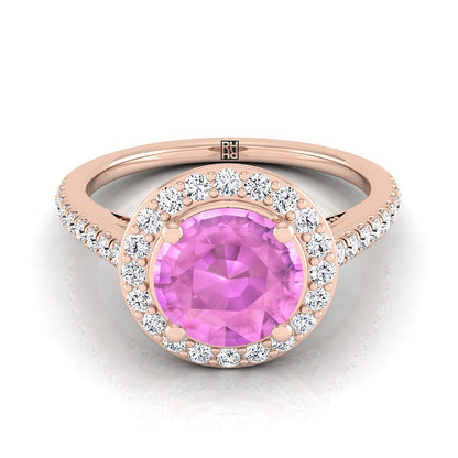 14K Rose Gold Round Brilliant Pink Sapphire French Pave Halo Secret Gallery Diamond Engagement Ring -3/8ctw