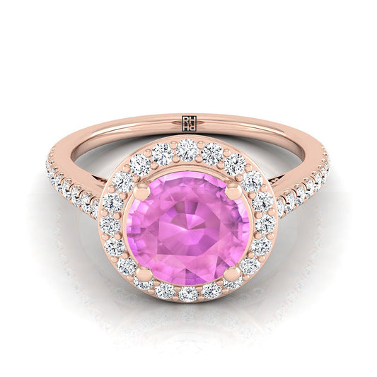14K Rose Gold Round Brilliant Pink Sapphire French Pave Halo Secret Gallery Diamond Engagement Ring -3/8ctw