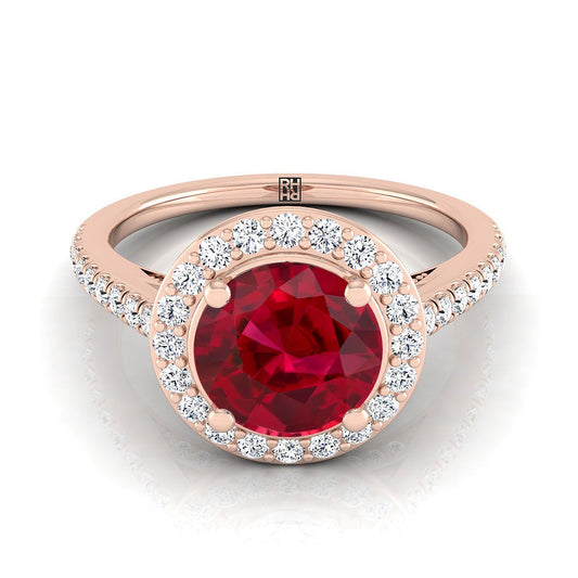 14K Rose Gold Round Brilliant Ruby French Pave Halo Secret Gallery Diamond Engagement Ring -3/8ctw