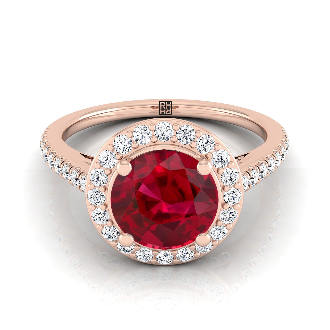 14K Rose Gold Round Brilliant Ruby French Pave Halo Secret Gallery Diamond Engagement Ring -3/8ctw