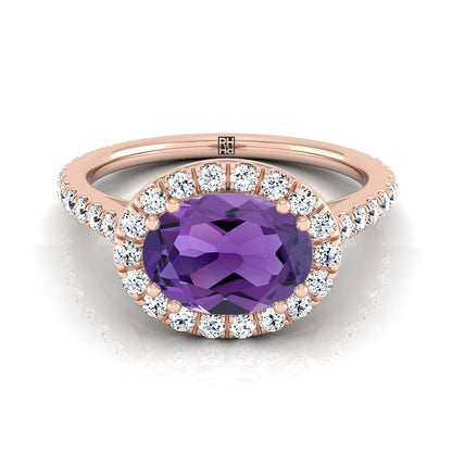 14K Rose Gold Oval Amethyst Horizontal Fancy East West Diamond Halo Engagement Ring -1/2ctw