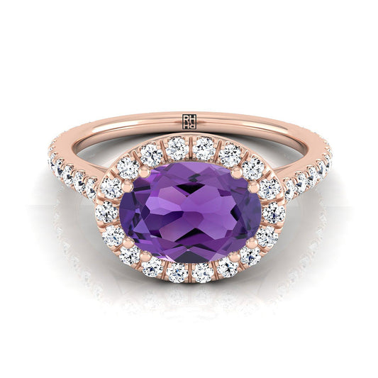 14K Rose Gold Oval Amethyst Horizontal Fancy East West Diamond Halo Engagement Ring -1/2ctw