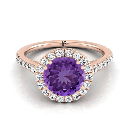 14K Rose Gold Round Brilliant Amethyst Horizontal Fancy East West Diamond Halo Engagement Ring -1/2ctw