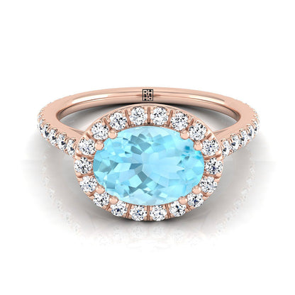 14K Rose Gold Oval Aquamarine Horizontal Fancy East West Diamond Halo Engagement Ring -1/2ctw