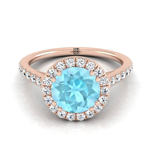 14K Rose Gold Round Brilliant Aquamarine Horizontal Fancy East West Diamond Halo Engagement Ring -1/2ctw