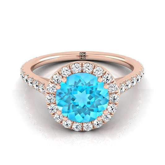 14K Rose Gold Round Brilliant Swiss Blue Topaz Horizontal Fancy East West Diamond Halo Engagement Ring -1/2ctw