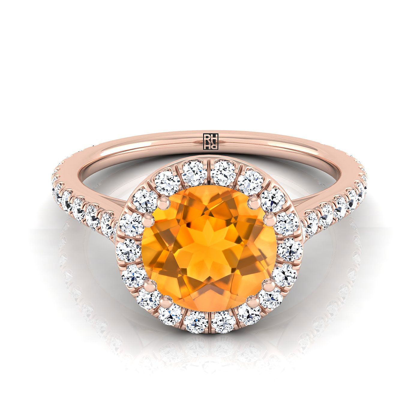 14K Rose Gold Round Brilliant Citrine Horizontal Fancy East West Diamond Halo Engagement Ring -1/2ctw