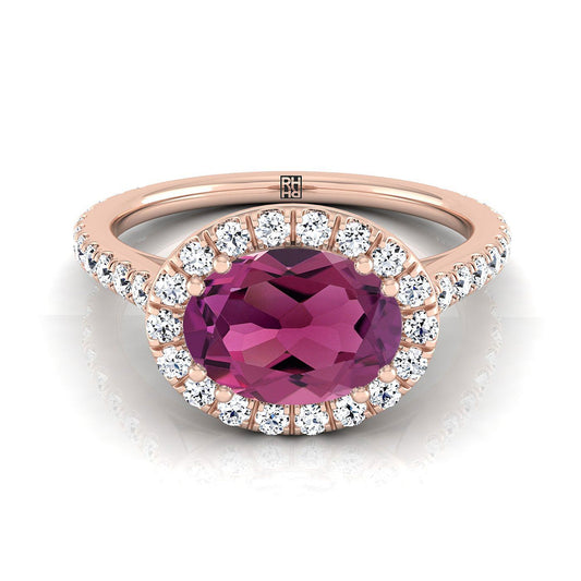 14K Rose Gold Oval Garnet Horizontal Fancy East West Diamond Halo Engagement Ring -1/2ctw