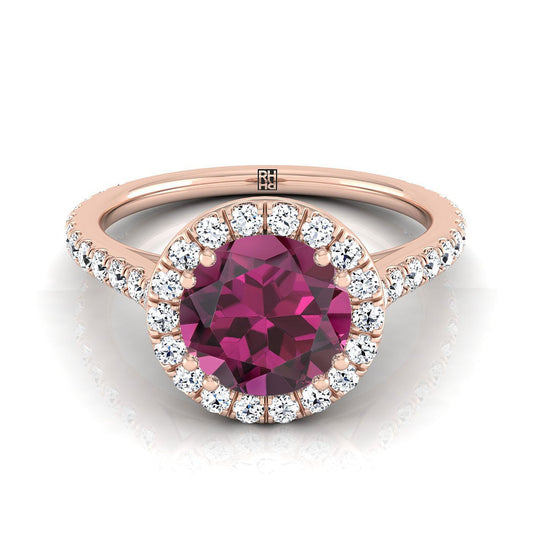 14K Rose Gold Round Brilliant Garnet Horizontal Fancy East West Diamond Halo Engagement Ring -1/2ctw
