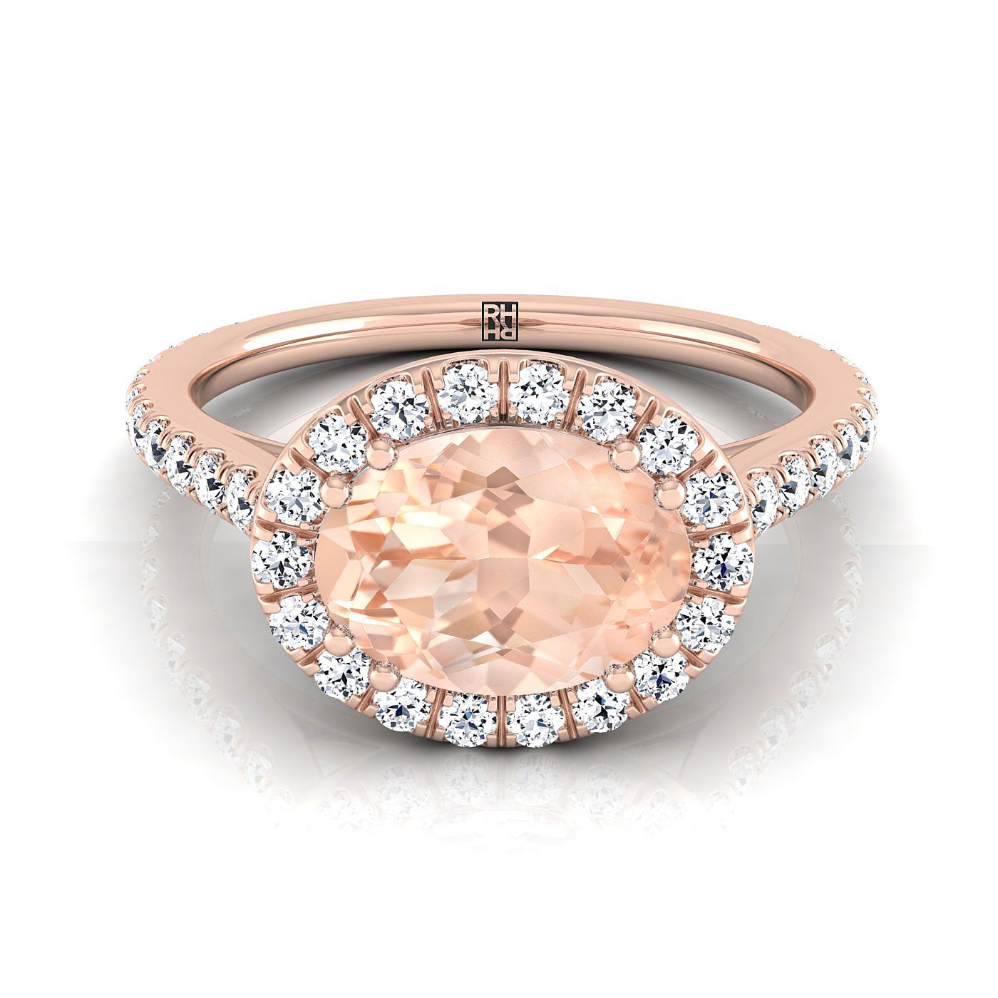 14K Rose Gold Oval Morganite Horizontal Fancy East West Diamond Halo Engagement Ring -1/2ctw