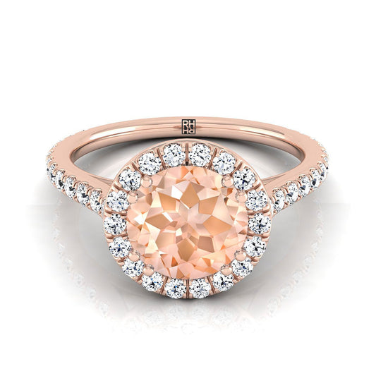 14K Rose Gold Round Brilliant Morganite Horizontal Fancy East West Diamond Halo Engagement Ring -1/2ctw