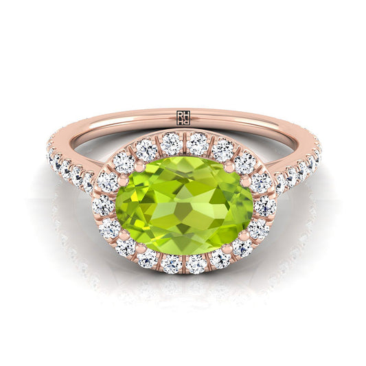 14K Rose Gold Oval Peridot Horizontal Fancy East West Diamond Halo Engagement Ring -1/2ctw