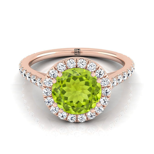 14K Rose Gold Round Brilliant Peridot Horizontal Fancy East West Diamond Halo Engagement Ring -1/2ctw