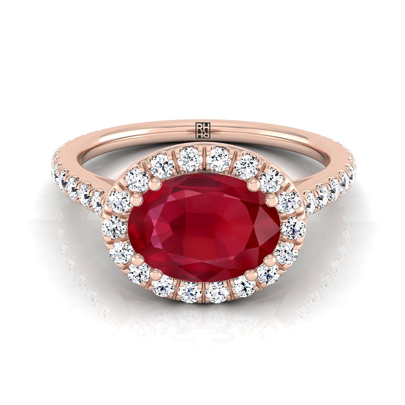 14K Rose Gold Oval Ruby Horizontal Fancy East West Diamond Halo Engagement Ring -1/2ctw