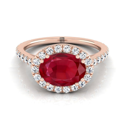 14K Rose Gold Oval Ruby Horizontal Fancy East West Diamond Halo Engagement Ring -1/2ctw