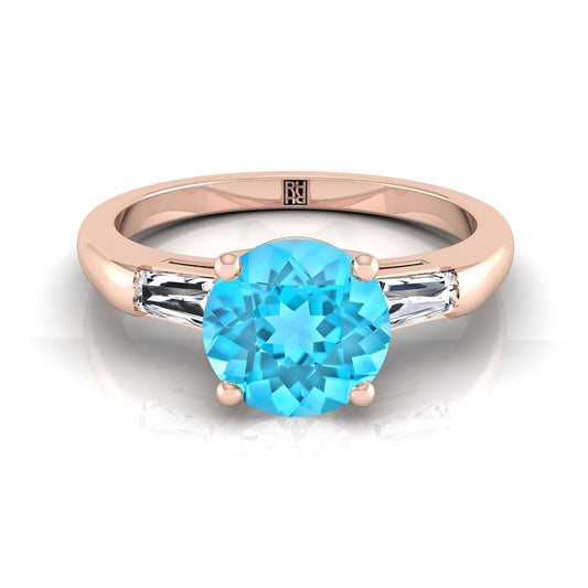 14K Rose Gold Round Brilliant Swiss Blue Topaz Three Stone Tapered Baguette Engagement Ring -1/5ctw