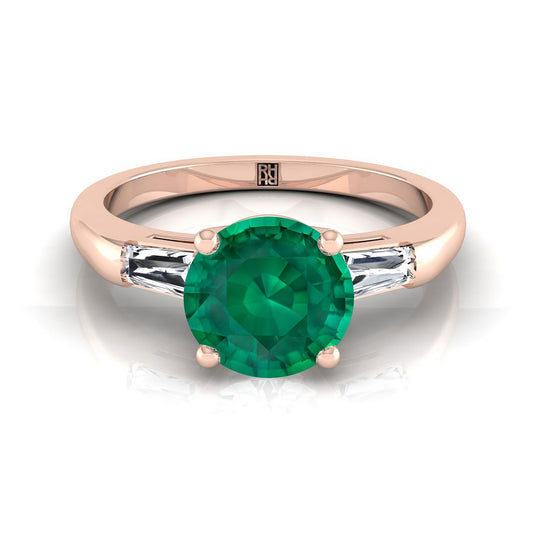 14K Rose Gold Round Brilliant Emerald Three Stone Tapered Baguette Engagement Ring -1/5ctw