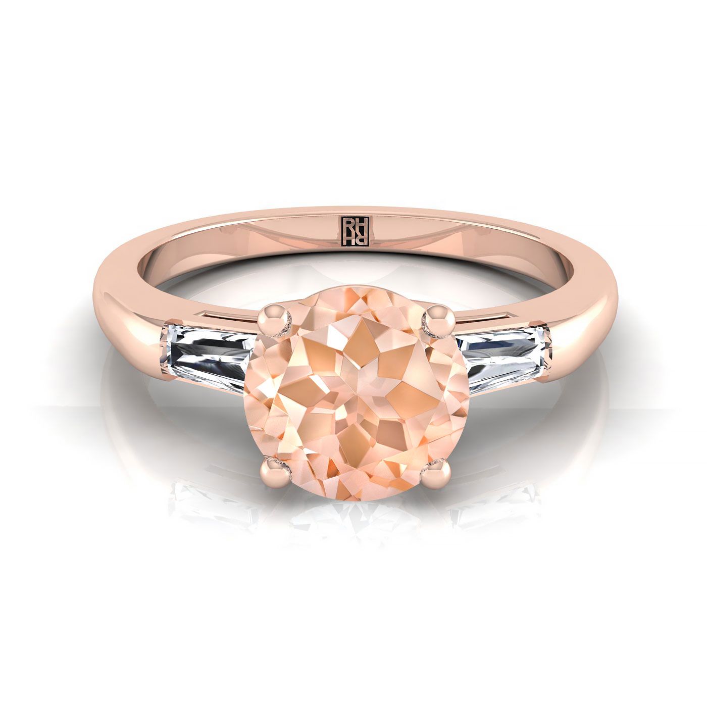 14K Rose Gold Round Brilliant Morganite Three Stone Tapered Baguette Engagement Ring -1/5ctw