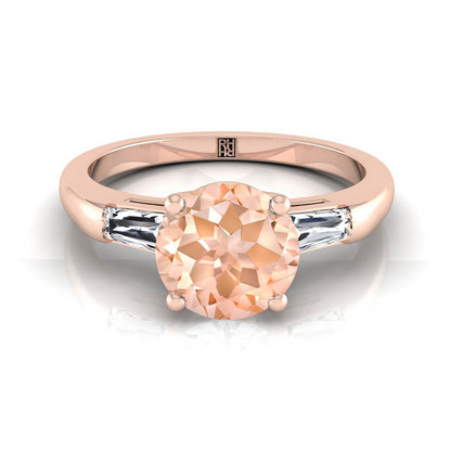 14K Rose Gold Round Brilliant Morganite Three Stone Tapered Baguette Engagement Ring -1/5ctw