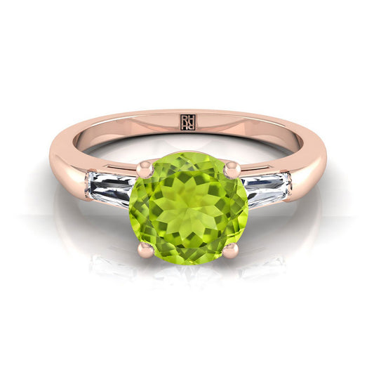 14K Rose Gold Round Brilliant Peridot Three Stone Tapered Baguette Engagement Ring -1/5ctw