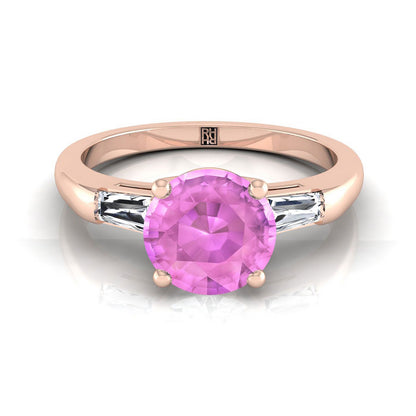 14K Rose Gold Round Brilliant Pink Sapphire Three Stone Tapered Baguette Engagement Ring -1/5ctw