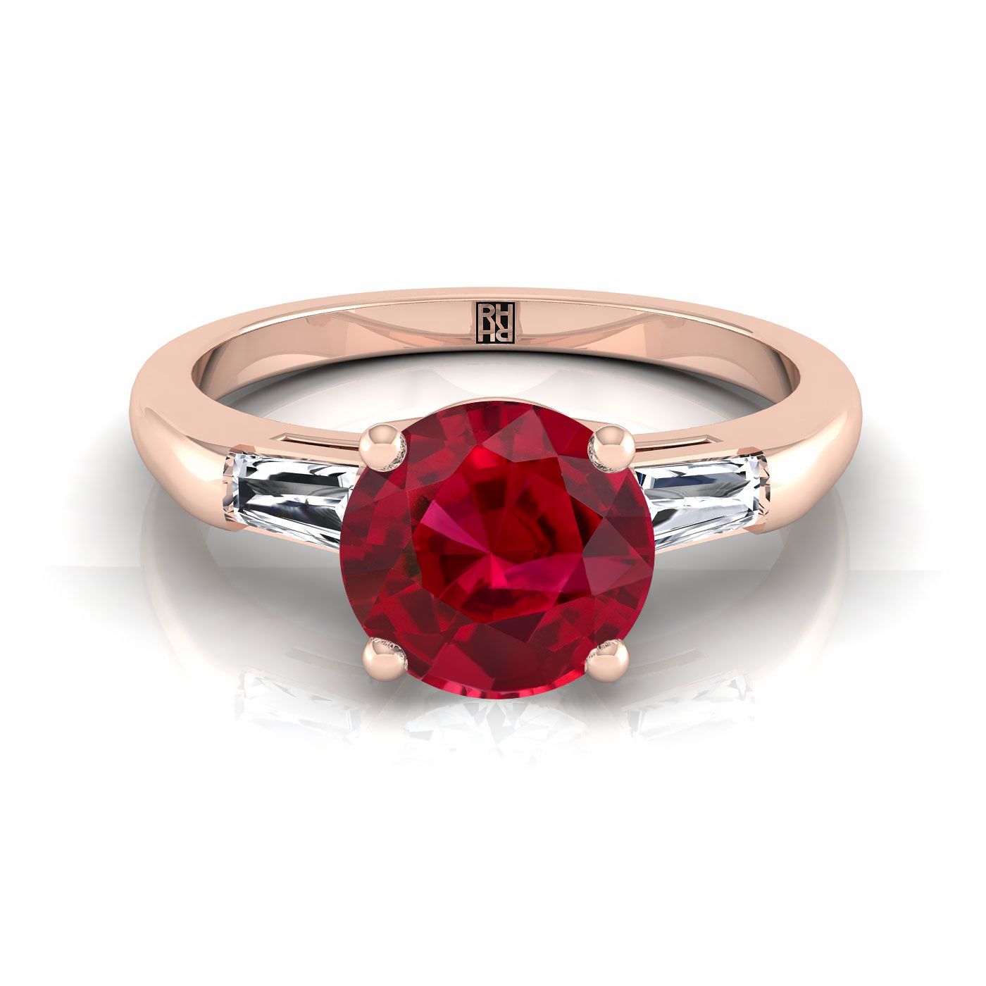 14K Rose Gold Round Brilliant Ruby Three Stone Tapered Baguette Engagement Ring -1/5ctw