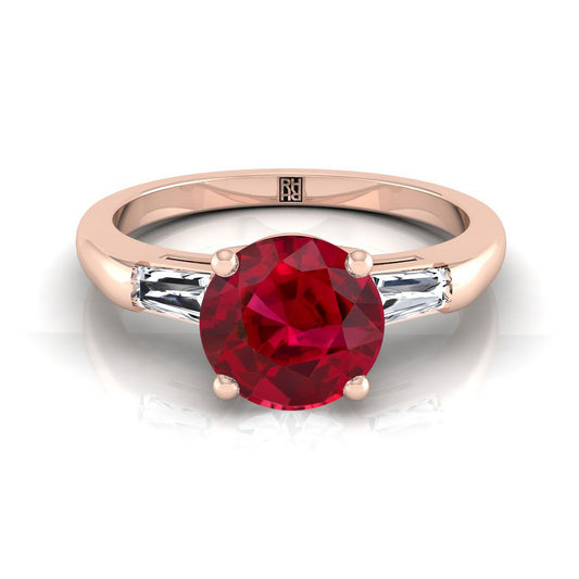 14K Rose Gold Round Brilliant Ruby Three Stone Tapered Baguette Engagement Ring -1/5ctw
