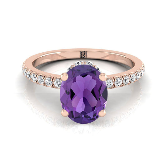 14K Rose Gold Oval Amethyst Secret Diamond Halo French Pave Solitaire Engagement Ring -1/3ctw