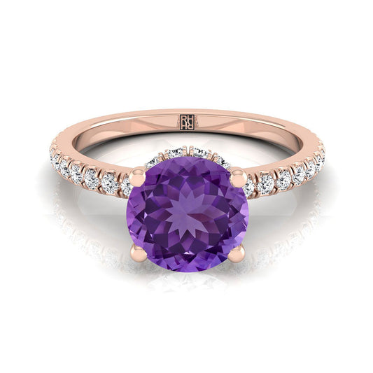 14K Rose Gold Round Brilliant Amethyst Secret Diamond Halo French Pave Solitaire Engagement Ring -1/3ctw