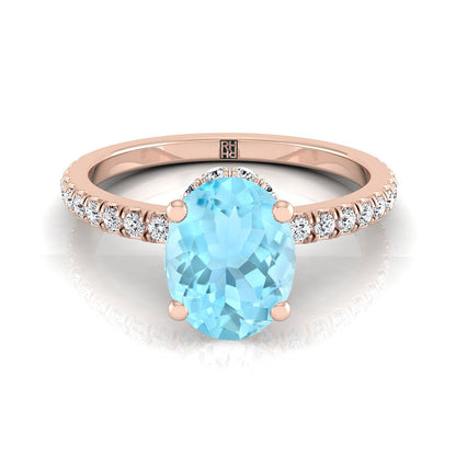14K Rose Gold Oval Aquamarine Secret Diamond Halo French Pave Solitaire Engagement Ring -1/3ctw