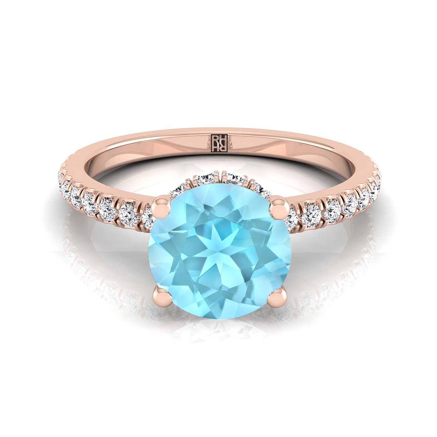 14K Rose Gold Round Brilliant Aquamarine Secret Diamond Halo French Pave Solitaire Engagement Ring -1/3ctw