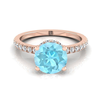 14K Rose Gold Round Brilliant Aquamarine Secret Diamond Halo French Pave Solitaire Engagement Ring -1/3ctw