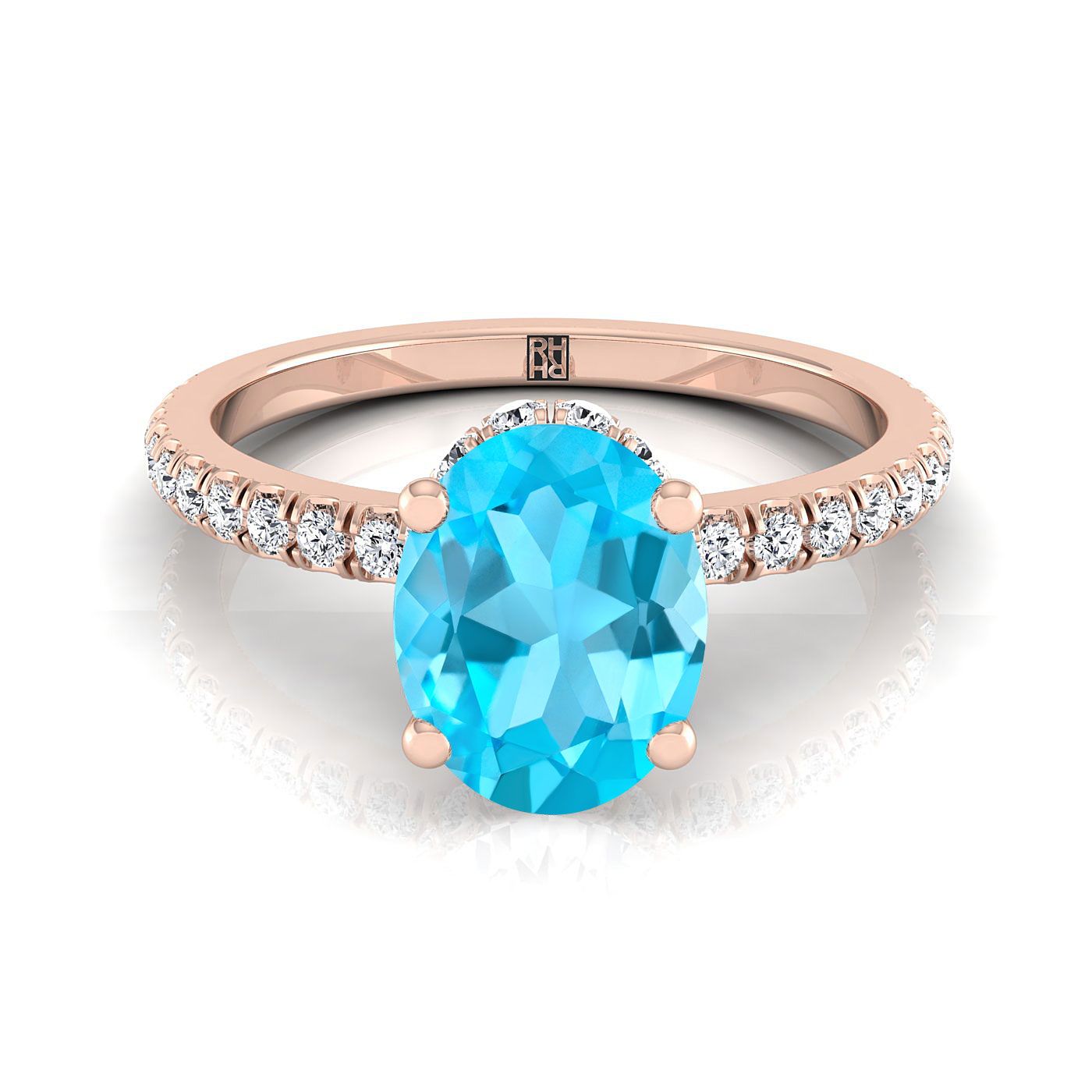 14K Rose Gold Oval Swiss Blue Topaz Secret Diamond Halo French Pave Solitaire Engagement Ring -1/3ctw