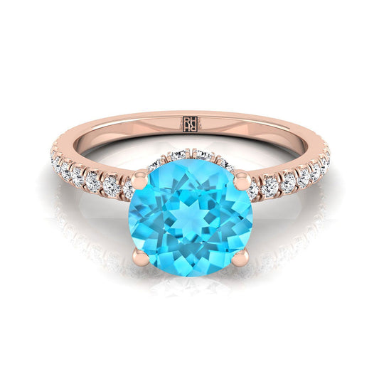 14K Rose Gold Round Brilliant Swiss Blue Topaz Secret Diamond Halo French Pave Solitaire Engagement Ring -1/3ctw