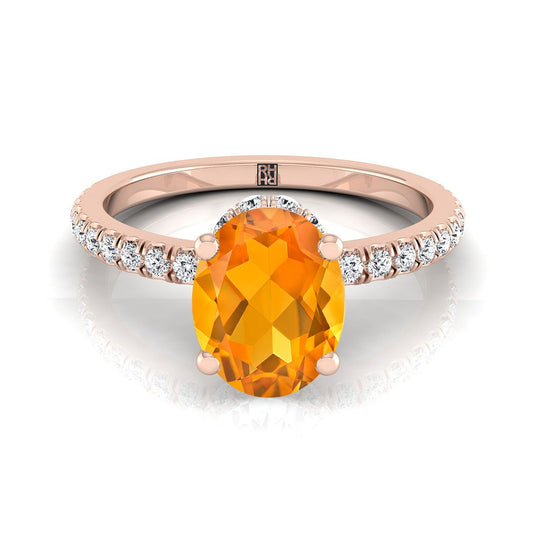 14K Rose Gold Oval Citrine Secret Diamond Halo French Pave Solitaire Engagement Ring -1/3ctw