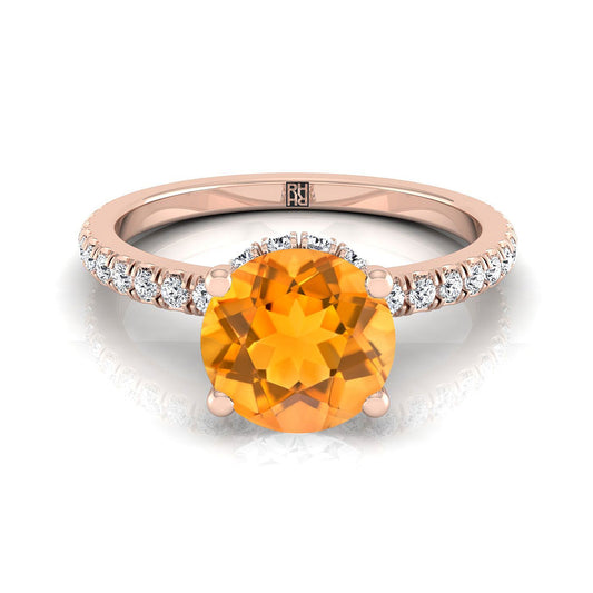 14K Rose Gold Round Brilliant Citrine Secret Diamond Halo French Pave Solitaire Engagement Ring -1/3ctw