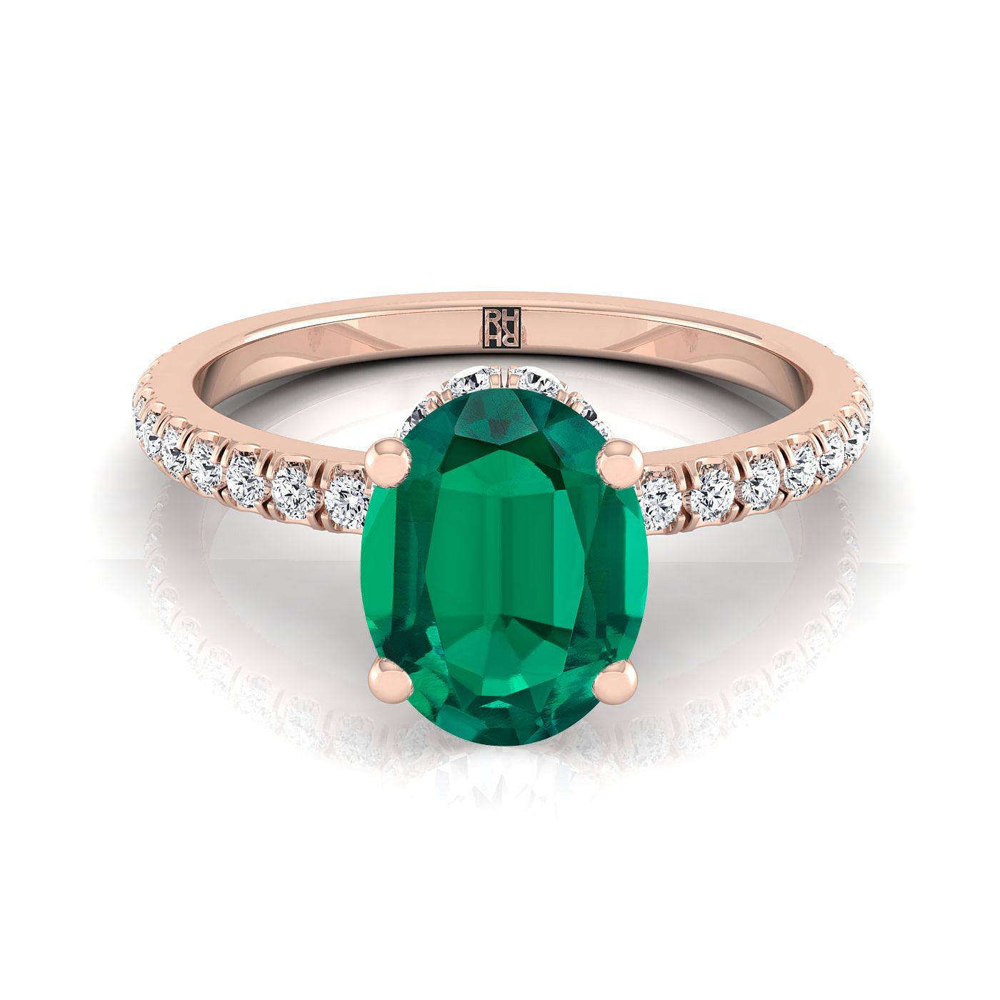 14K Rose Gold Oval Emerald Secret Diamond Halo French Pave Solitaire Engagement Ring -1/3ctw