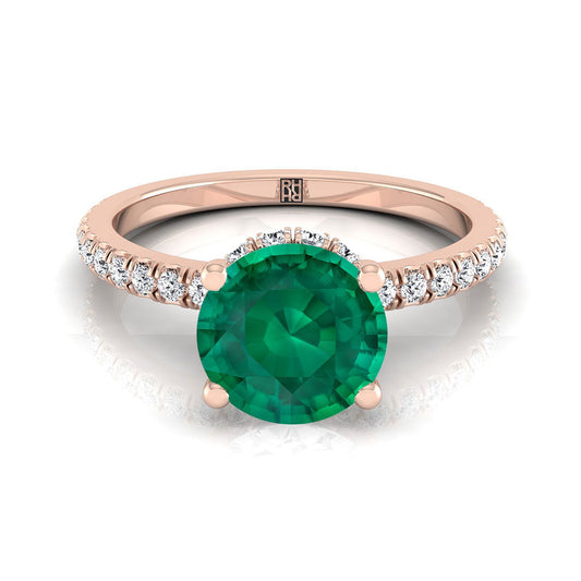 14K Rose Gold Round Brilliant Emerald Secret Diamond Halo French Pave Solitaire Engagement Ring -1/3ctw