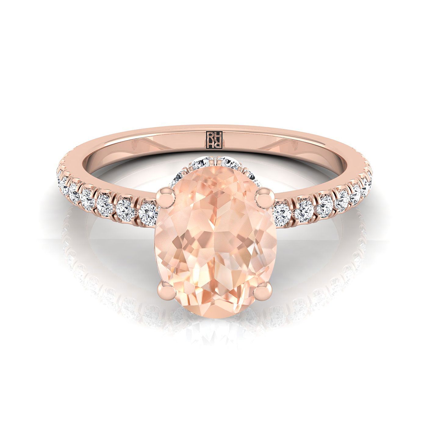 14K Rose Gold Oval Morganite Secret Diamond Halo French Pave Solitaire Engagement Ring -1/3ctw