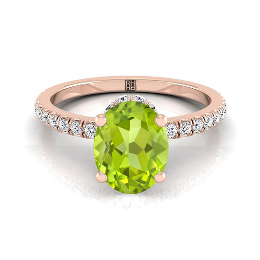 14K Rose Gold Oval Peridot Secret Diamond Halo French Pave Solitaire Engagement Ring -1/3ctw